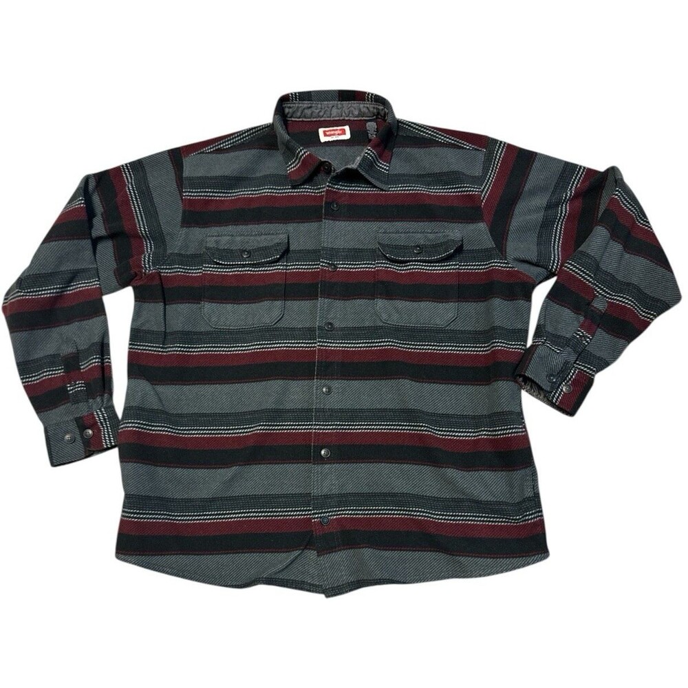 Wrangler Fleece Shirt Jacket Mens XL Gray Black Red Stripes Shacket with Pockets